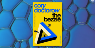 the bezzle by cory doctorow in front of an abstract blue background