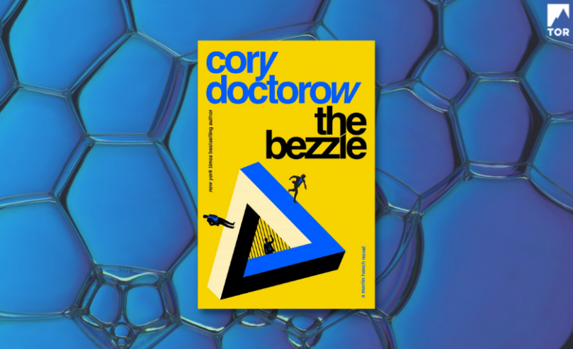 the bezzle by cory doctorow in front of an abstract blue background