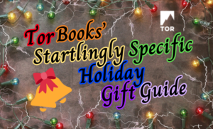 tor books startingly specific holiday gift guide in bubble rainbow letters. there are two emoji bells and an emoji bow. holiday lights and lightning wreath the centered text