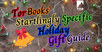 tor books startingly specific holiday gift guide in bubble rainbow letters. there are two emoji bells and an emoji bow. holiday lights and lightning wreath the centered text