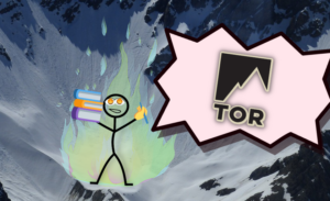 a stick person with flaming eyes holding holding a pen and some books on fire in some icy mountains with a burst of a tor logo