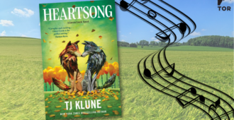 heartsong by tj klune in front of an idyllic field under blue sky with some vector image music notes and staff 76A