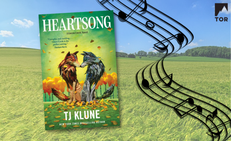 heartsong by tj klune in front of an idyllic field under blue sky with some vector image music notes and staff 22A