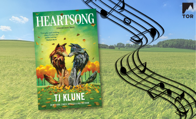 heartsong by tj klune in front of an idyllic field under blue sky with some vector image music notes and staff 48A