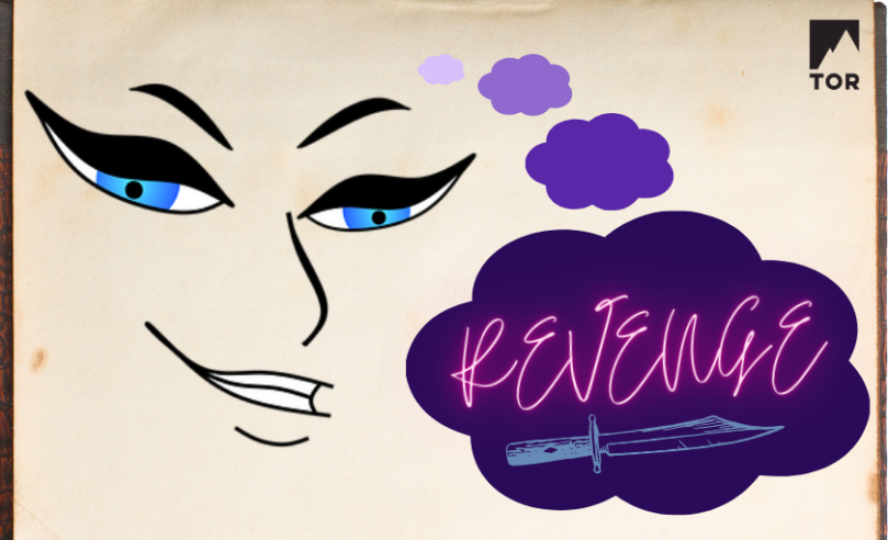 paper background with devious illustrated eyes and dark purple stormy thought bubbles with neon lights reading revenge and sketch of a knife 19A