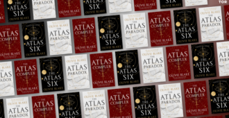 the atlas six  the atlas paradox  the atlas complex all by olivie blake in a repeating diagonal pattern 13A