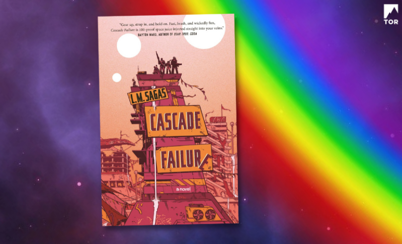 cascade failure by l m sagas with a background of purple outer space with a diagonal rainbow 20A