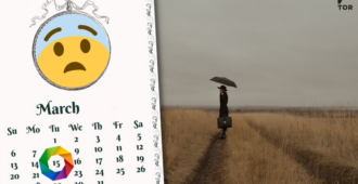 a calendar of march with a scared emoji on it and a rainbow circle around the number 15 on the right side a woman with a dark umbrella looks for forlornly into the gray distance 33A