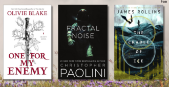 one for my enemy by olivie blake  fractal noise by christopher paolini  the cradle of ice by james rollins in front of a spring background of meadow flowers and gray sky 64A