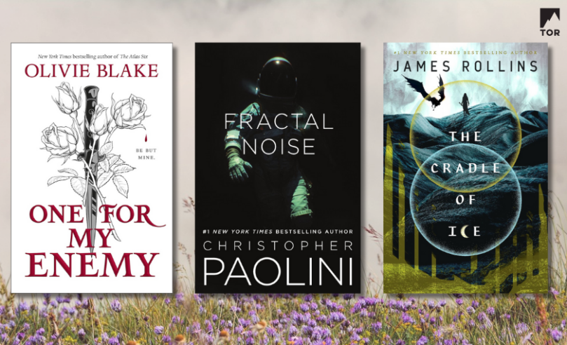 one for my enemy by olivie blake  fractal noise by christopher paolini  the cradle of ice by james rollins in front of a spring background of meadow flowers and gray sky 87A