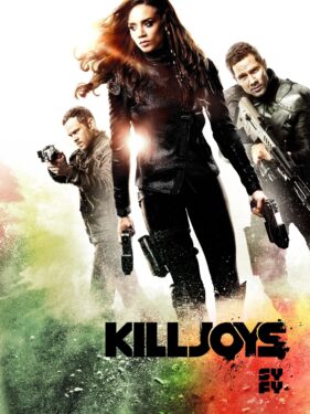 the killjoys by syfy season 1 promotional image, which includes three characters with weapons walking out of bright light cooly