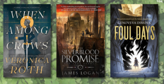 when among crows by veronica roth  the silverblood promise by james logan  foul days by genoveva dimova in front of a cool fern background 78A