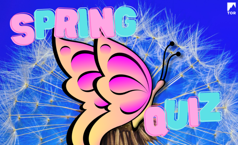 text in blue and pink bubble letters spring quiz background a close up of a fuzzy dandelion central image is a yellow and pink vector butterfly 16A